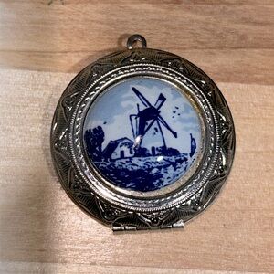 Large Vintage Delft Blue White porcelain Locket, Holland